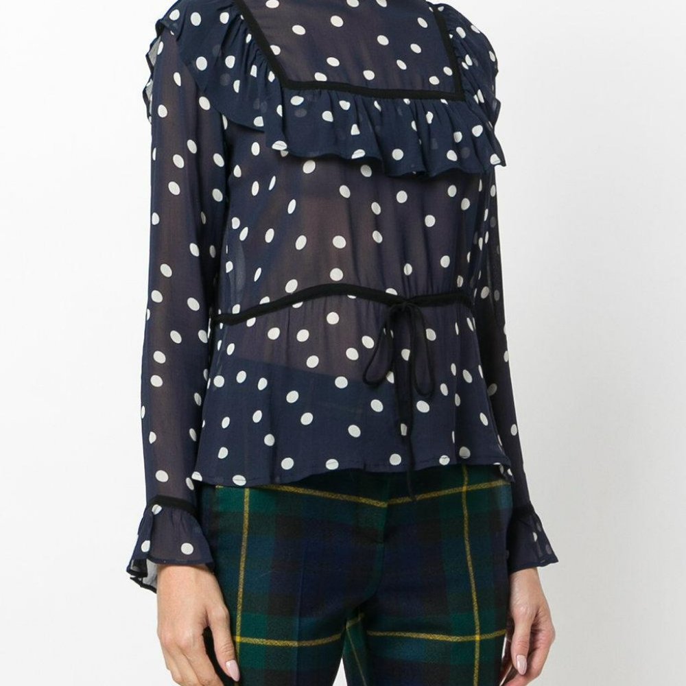 Ganni Marceau Ruffled Polka Dot Georgette Sheer Blouse, Midnight Navy, Size 38